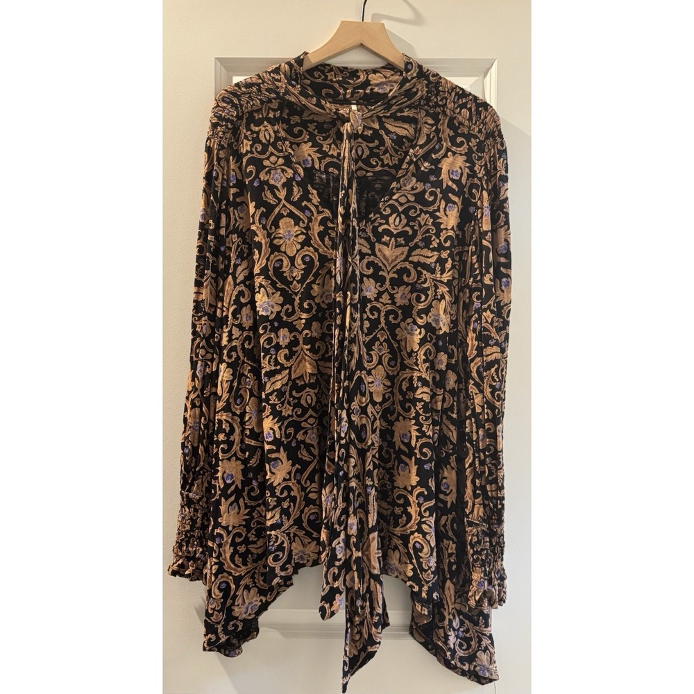 Free People Top M Black Floral Boho Tunic Tie Neck Smocked Long Sleeve Viscose